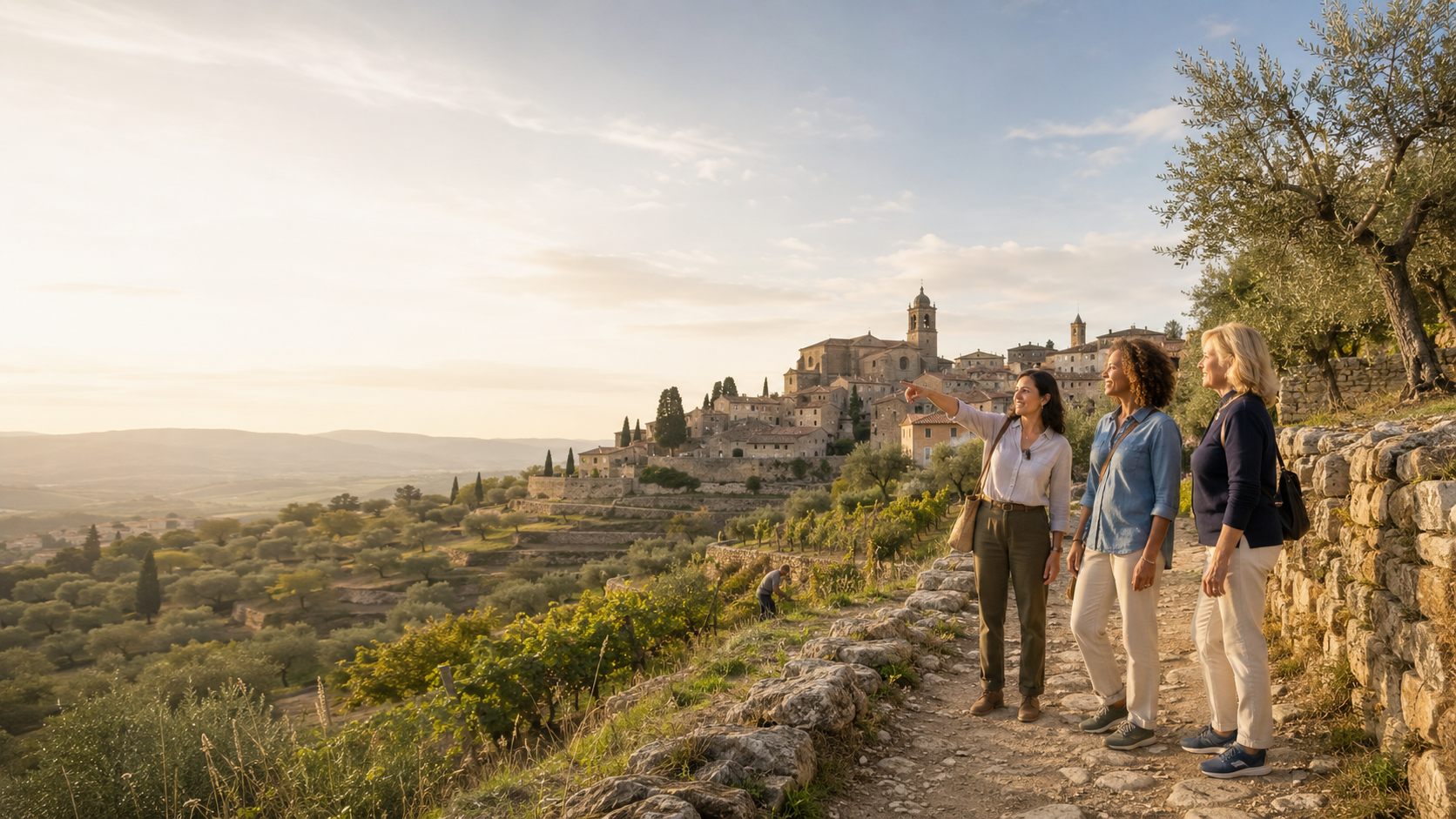 Travelers exploring a hilltop village and countryside