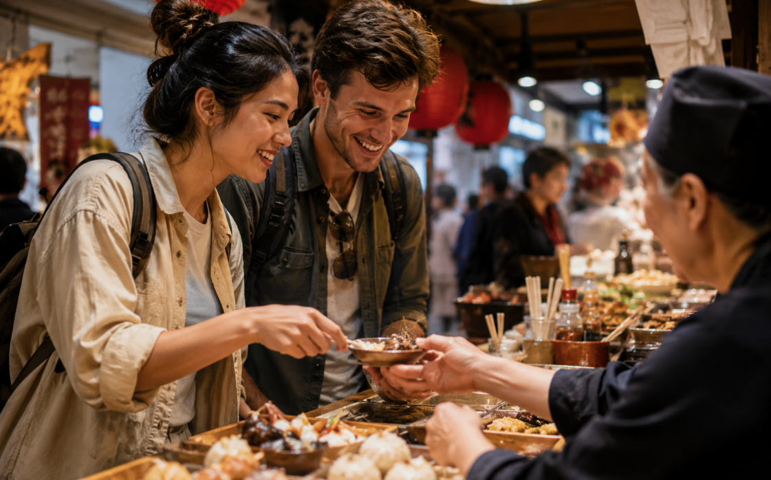 Travelers sampling local food at a market during a cultural travel experience