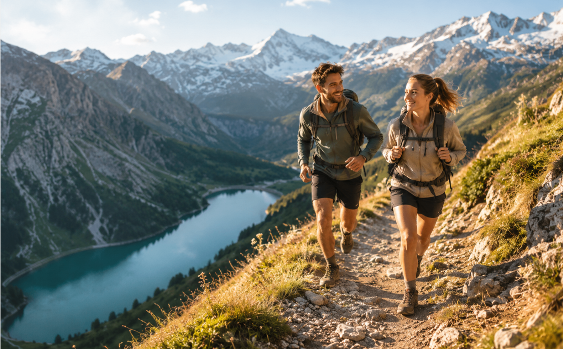 Couple hiking in alpine mountains above a lake during an active scenic trip