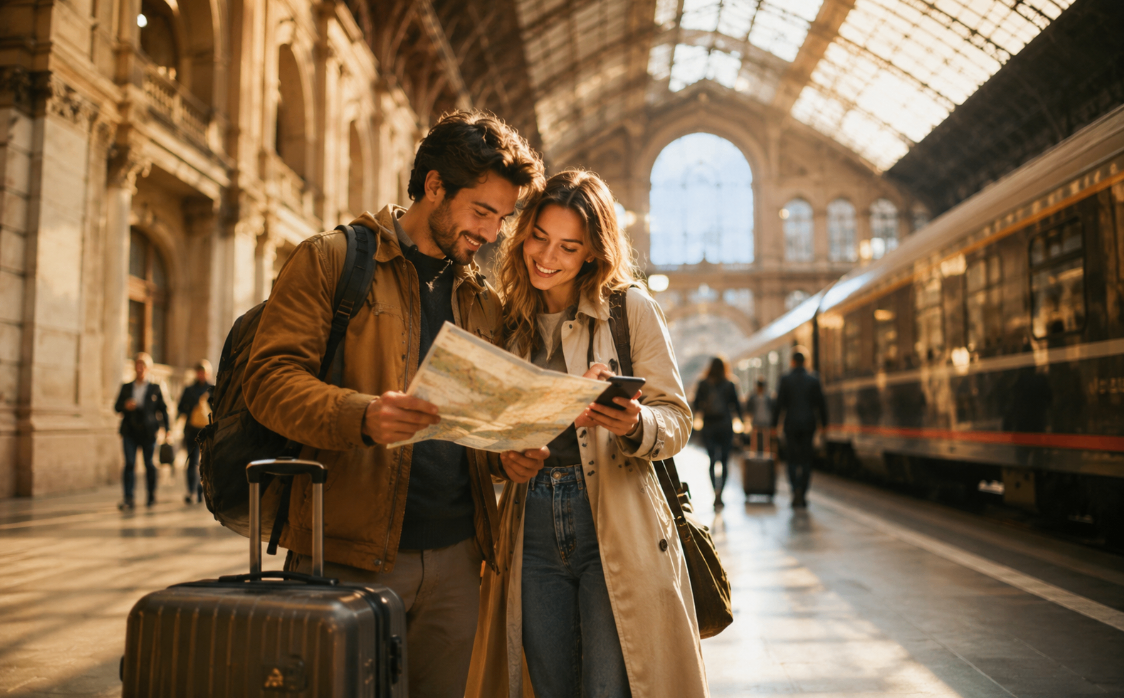 Travelers reviewing a map in a European train station during a multi-stop trip