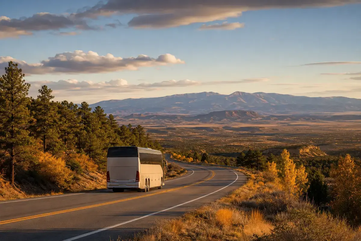 A high-desert road leading south from Los Alamos toward Socorro beneath New Mexico skies.