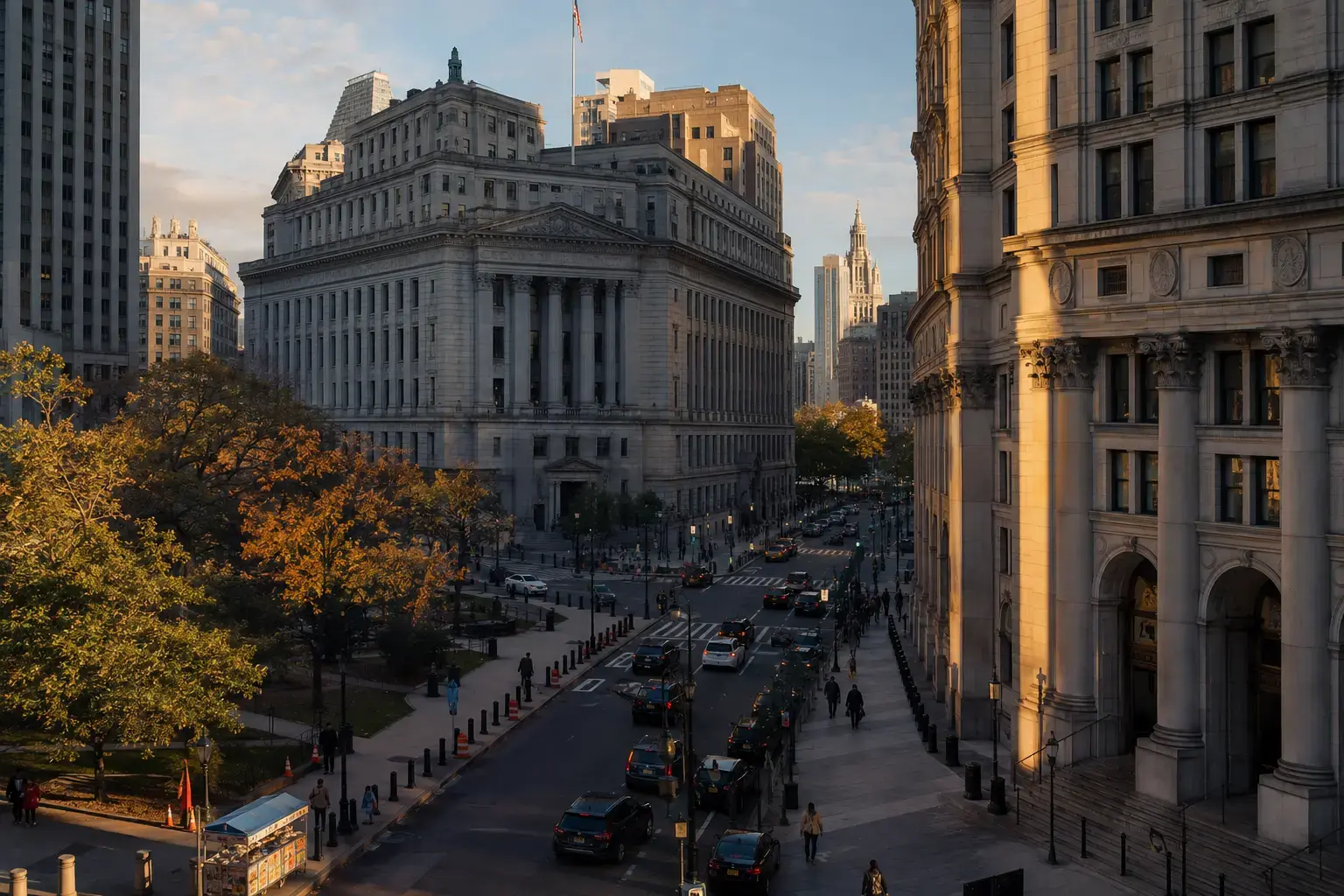 Lower Manhattan civic buildings and Foley Square in autumn light.