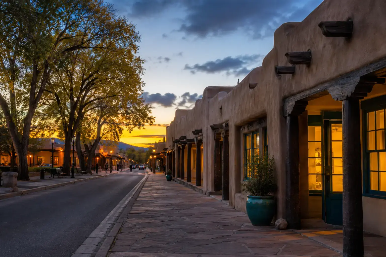 Santa Fe adobe streetscape in autumn light near the historic East Palace corridor.