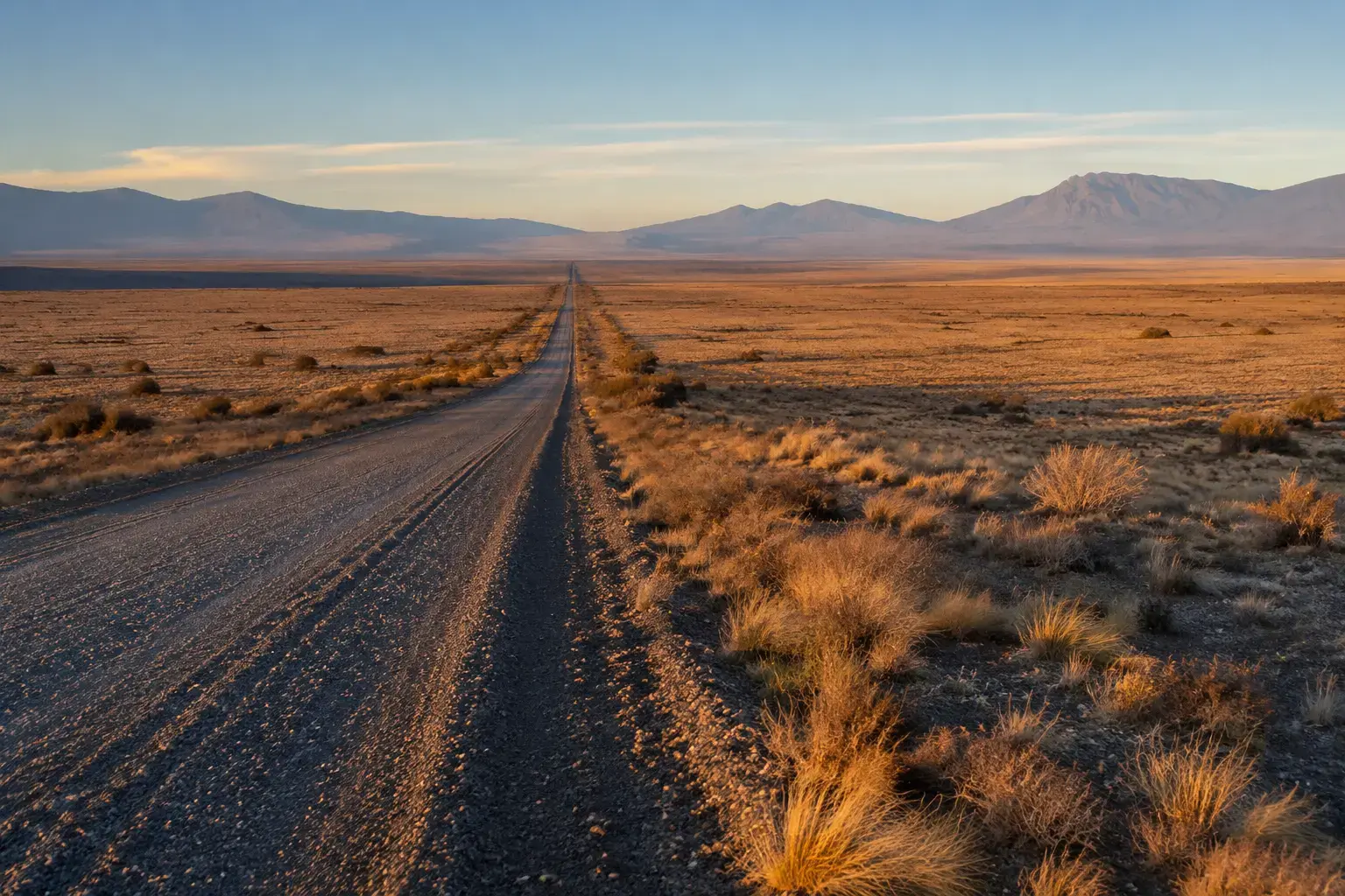 The high-desert road toward Trinity Site in central New Mexico at sunrise.