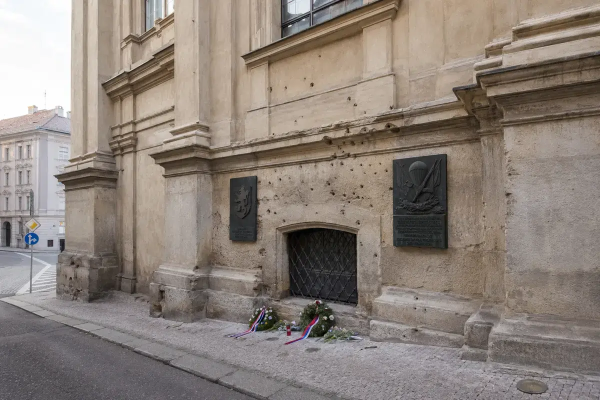 The Resslova Street façade and memorial at the Church of Saints Cyril and Methodius in Prague.