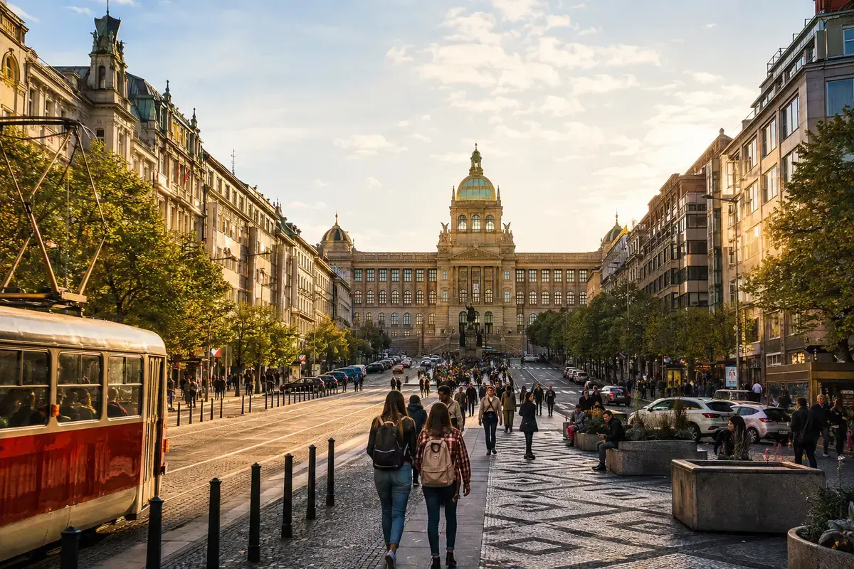 Travelers walking through Wenceslas Square in Prague, a landmark of civic dissent and democratic change.