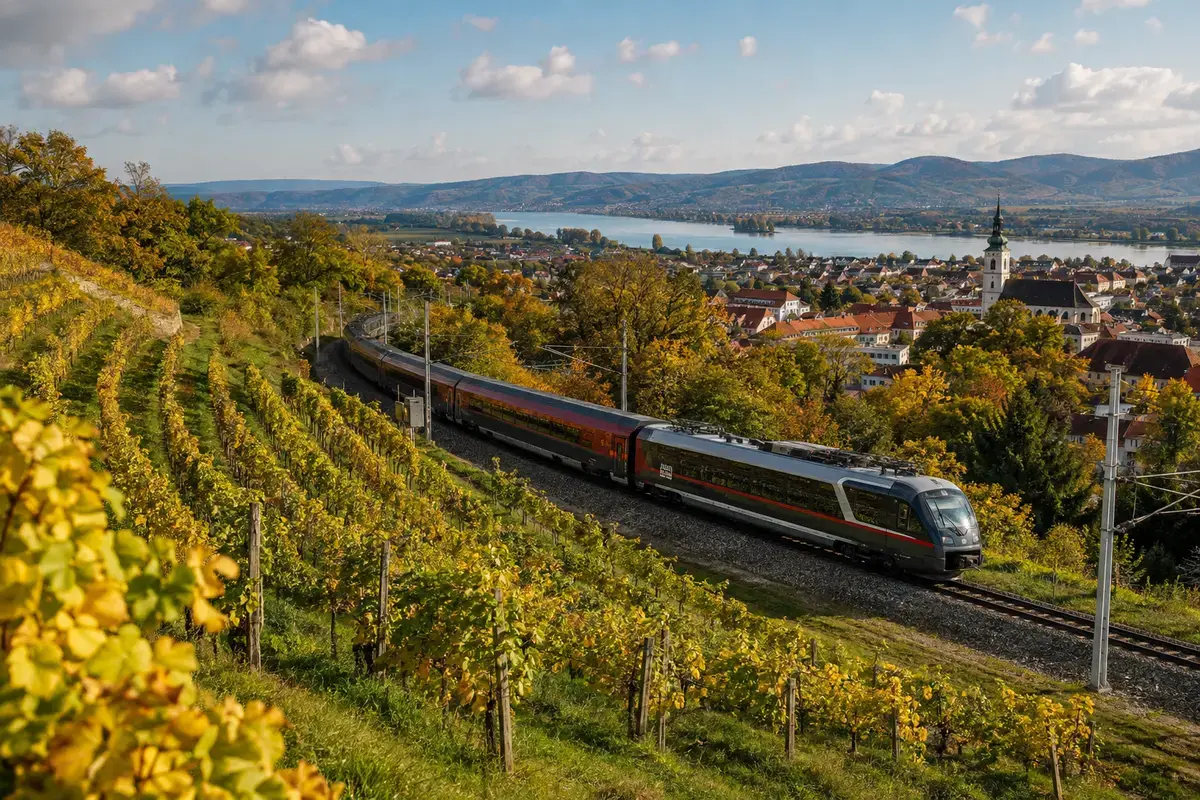 A passenger train traveling through the Central European countryside between Prague and Vienna.