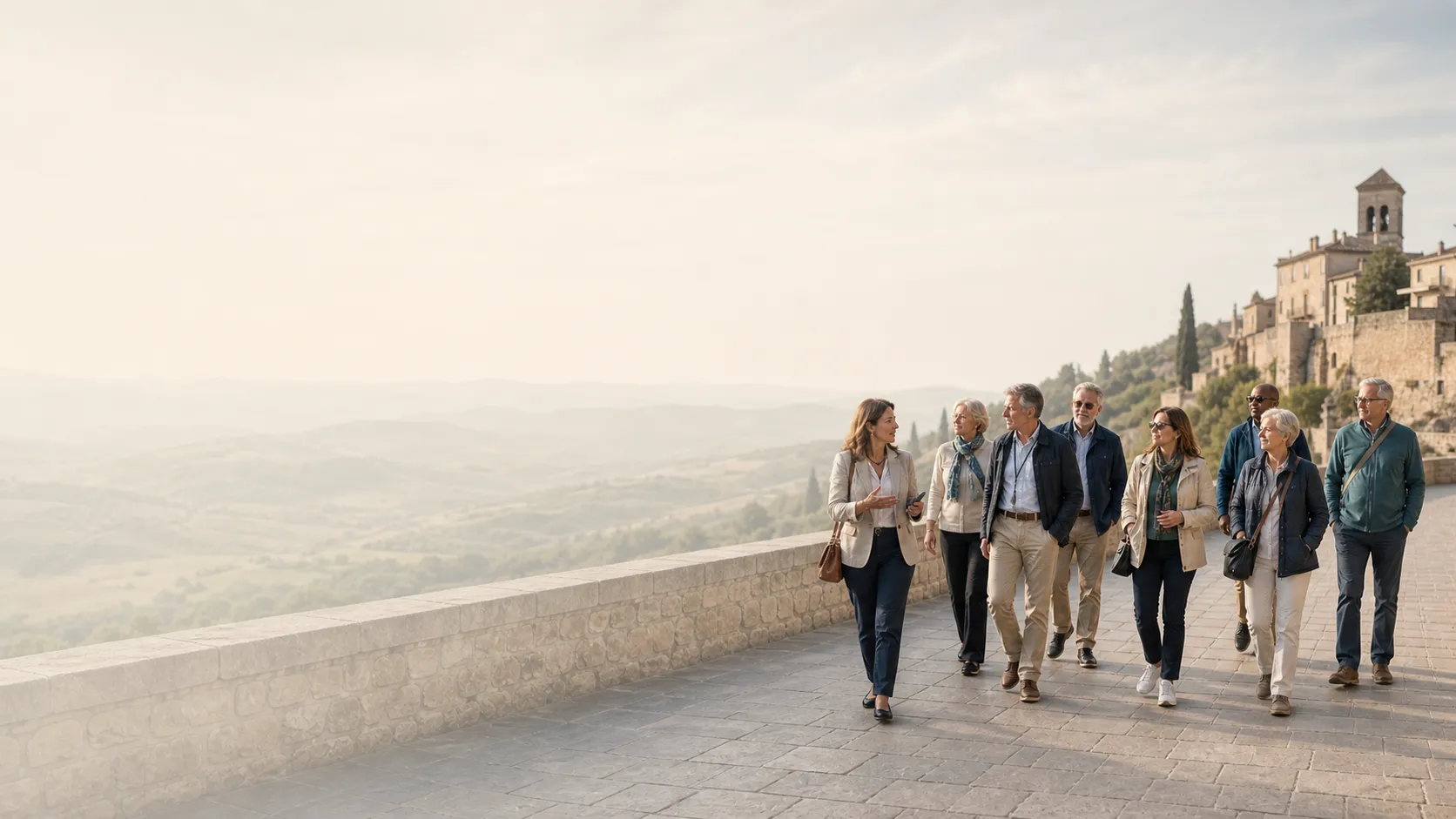 Guide accompanying travelers through a historic hilltop town