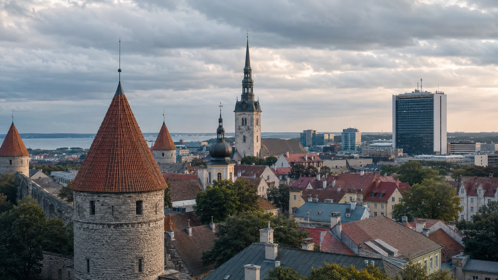 Tallinn’s medieval Old Town skyline with Hotel Viru visible beyond the historic towers.