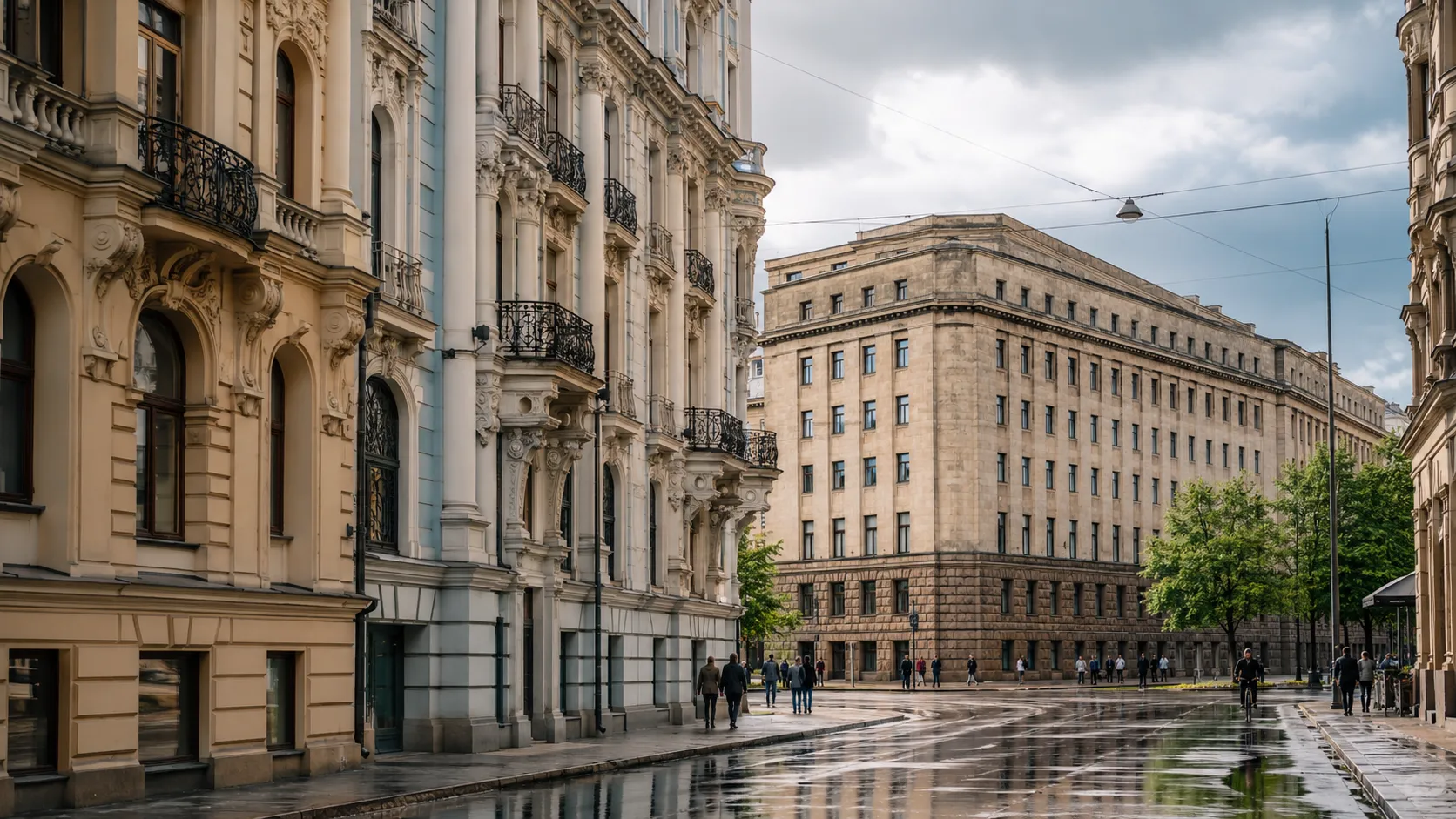 Riga streetscape contrasting Art Nouveau facades with the austere former KGB Corner House.