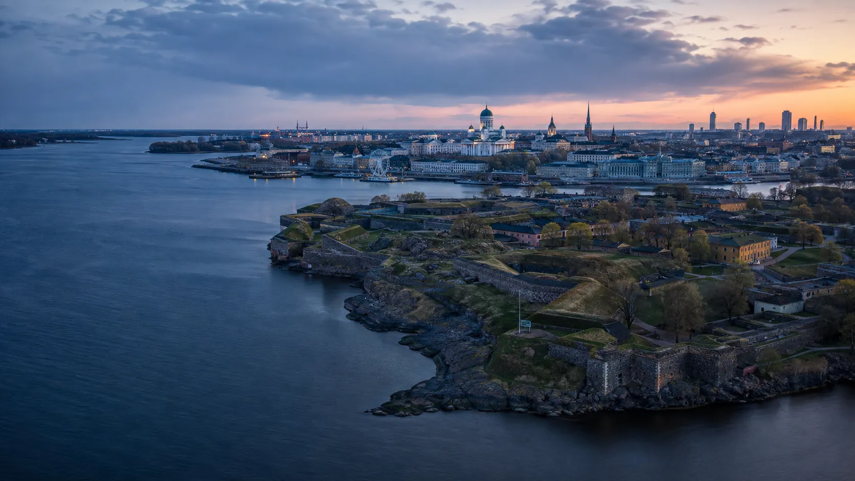 Helsinki waterfront and Suomenlinna at blue hour, introducing the In Moscow’s Shadow Baltic intelligence-history route.