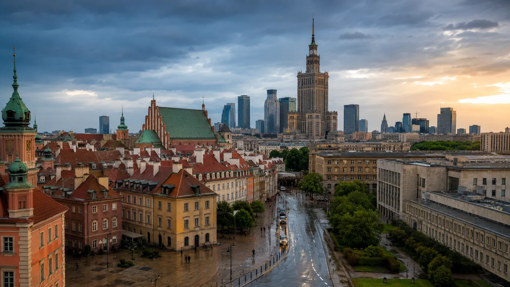 Warsaw Old Town and the Palace of Culture and Science under clearing evening skies.