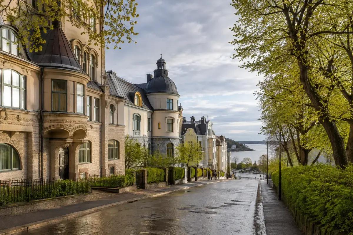 Leafy Art Nouveau street in Helsinki’s Ullanlinna embassy quarter descending toward the Baltic.