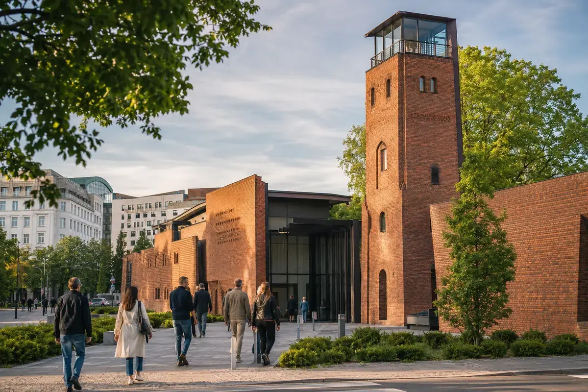 Visitors approaching the Warsaw Rising Museum on a warm late-spring afternoon.