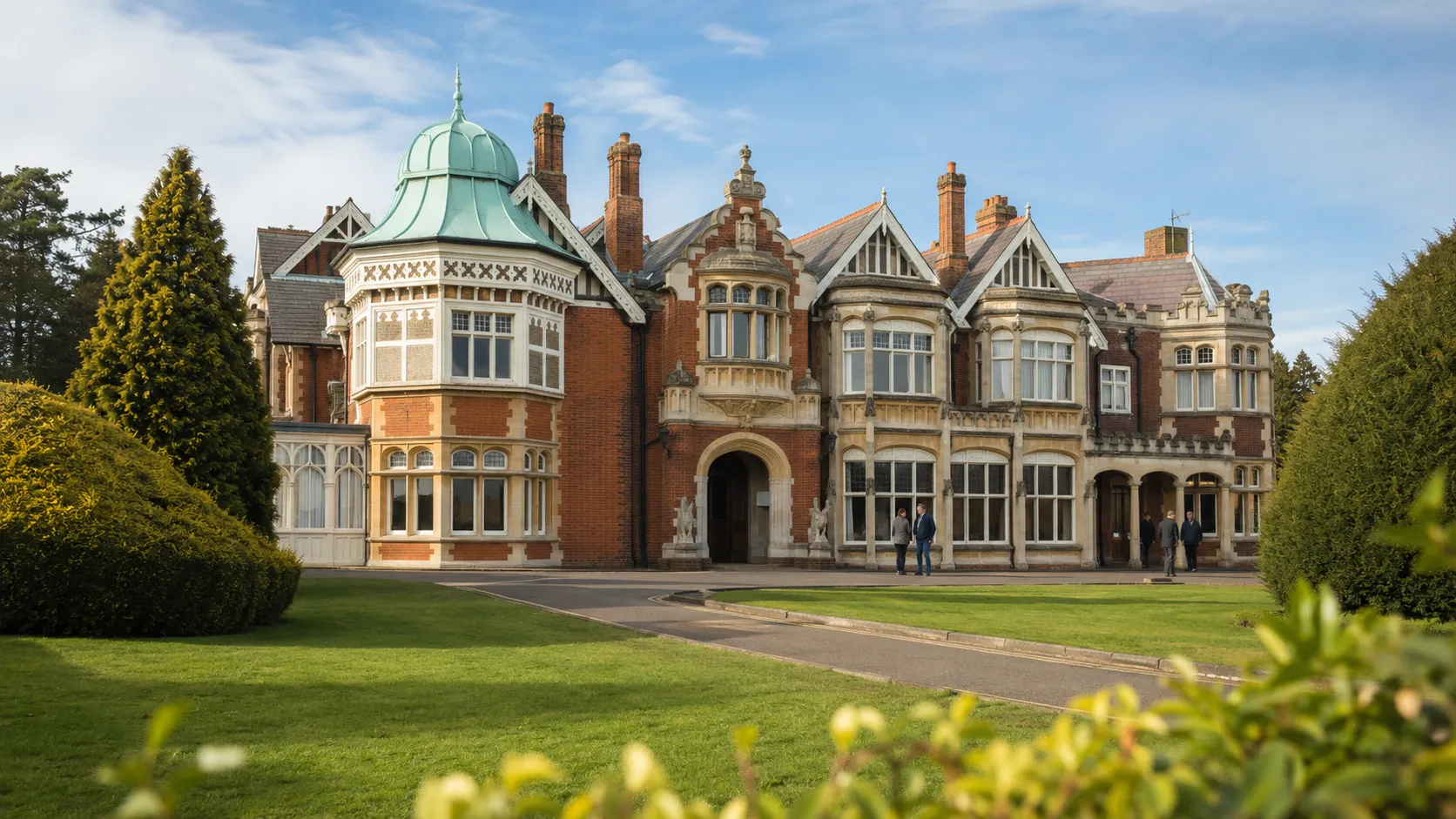 The historic mansion at Bletchley Park across its landscaped grounds