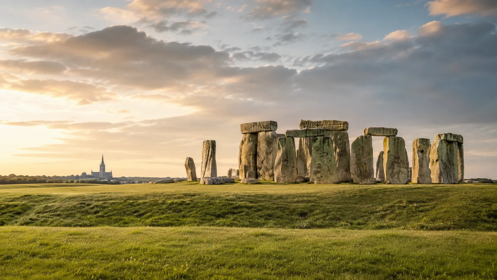 Stonehenge in the English landscape with Salisbury Cathedral on the horizon