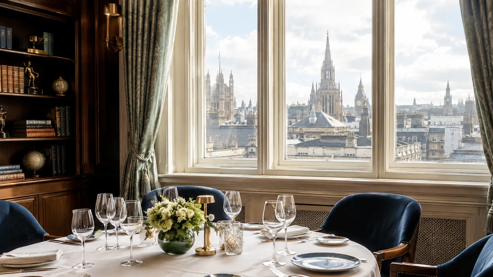 An elegant London salon set for a closing lunch overlooking Westminster