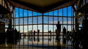 Travelers silhouetted against large windows at Phoenix Sky Harbor International Airport.