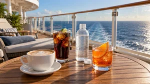 Cappuccino, cola, bottled water and a cocktail on a cruise-ship deck overlooking the ocean.