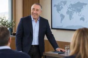 Jack Buchanan briefing travelers beside a world map