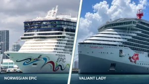 Illustrative photo composite of Norwegian Epic on the left and Valiant Lady on the right, separated by a slanted cream divider.