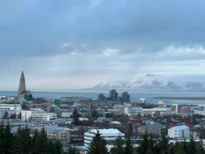 Snow-covered Reykjavík with Hallgrímskirkja, the bay, and mountains beneath winter clouds.