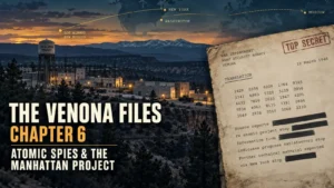 Declassified VENONA document and wartime Los Alamos terrain.