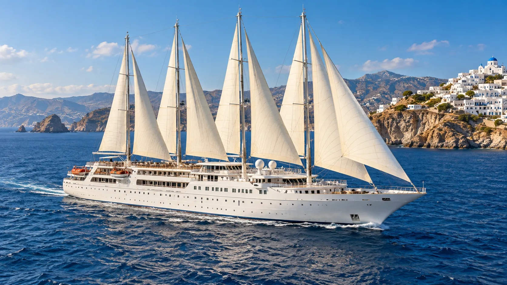 Illustration of a Windstar-style sailing yacht at sea