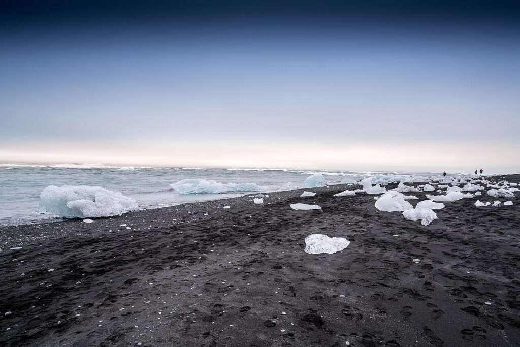 Pieces of glacial ice on the black sand at Diamond Beach, Iceland
