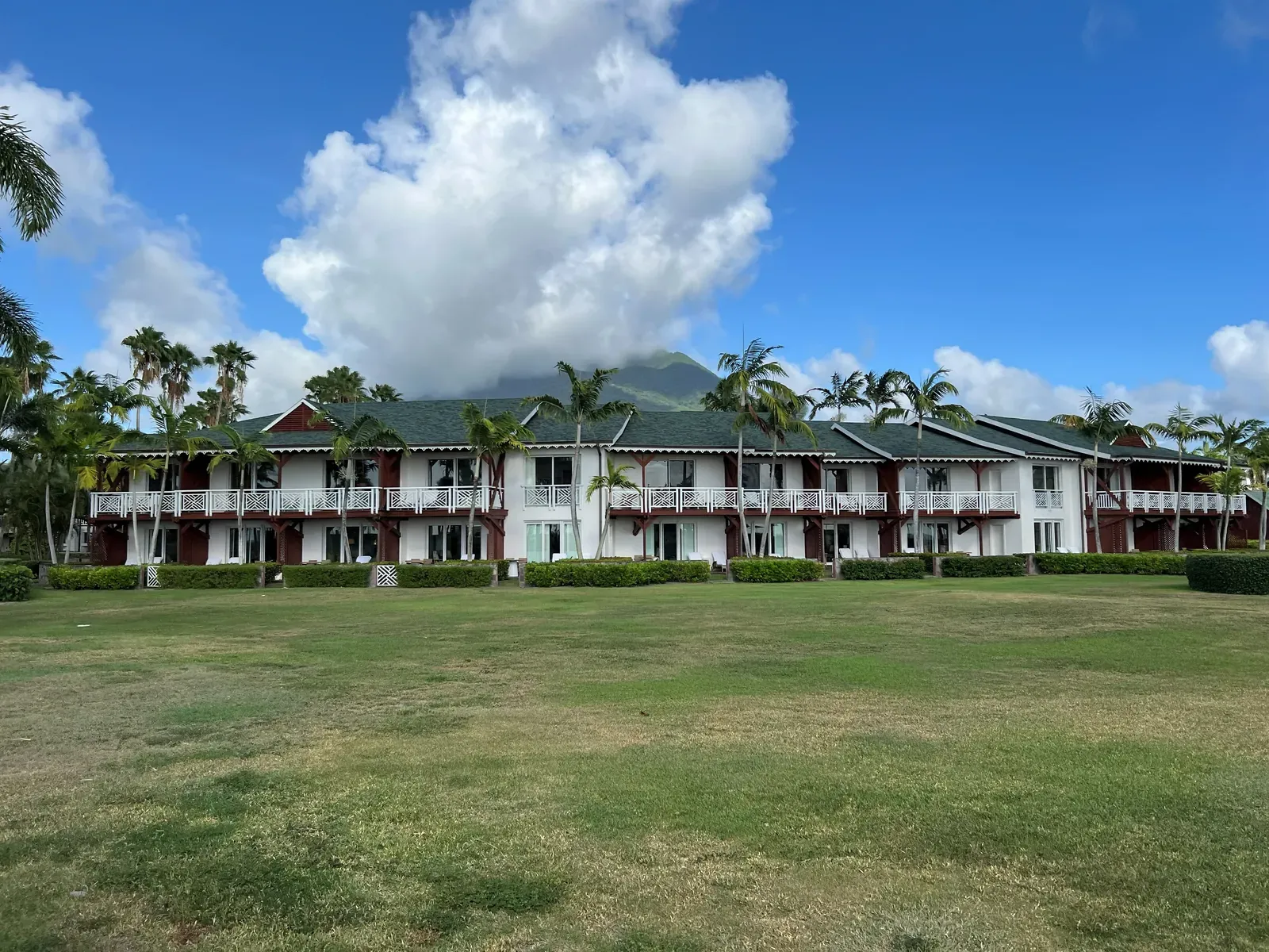 Lawn and palms in front of a two-storey building with a mountain behind.