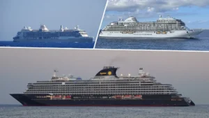 Silver Nova, Seven Seas Splendor and Explora I shown in a three-photo luxury cruise comparison collage.