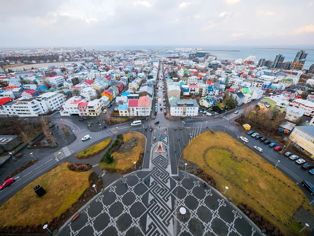 Colorful rooftops in central Reykjavík overlooking the bay